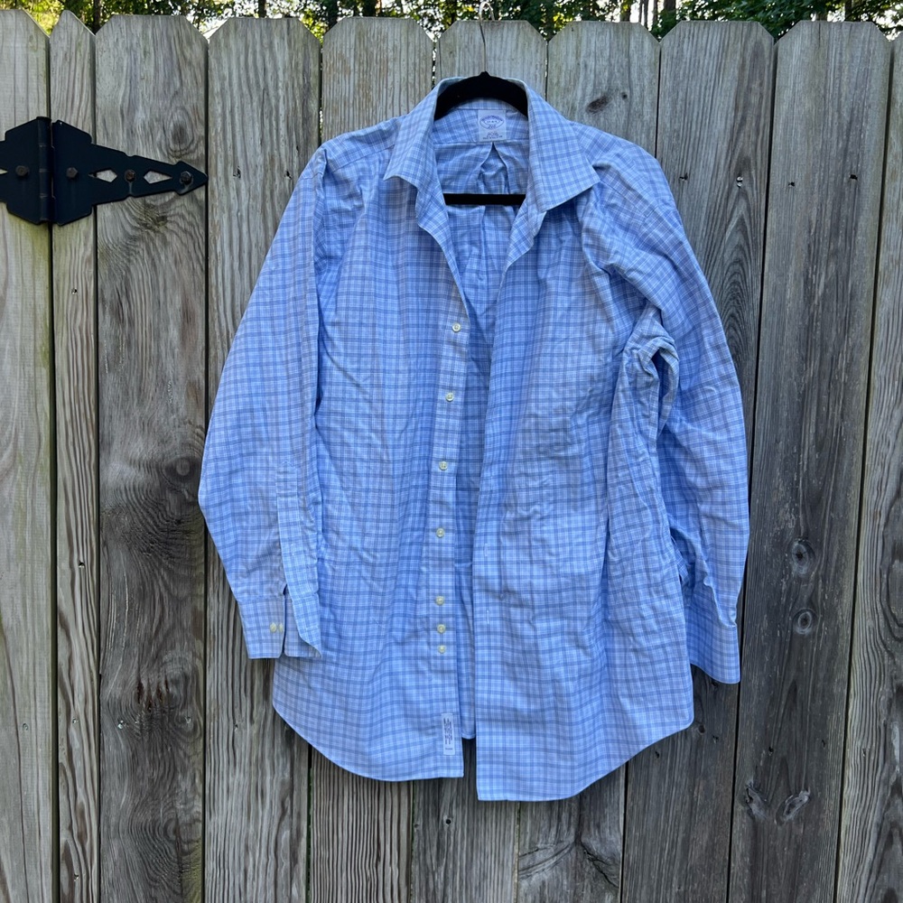 BROOKS BROTHERS Non-Iron Button Down Blue Plaid Shirt Mens 17 34/35